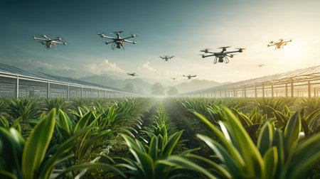 Multiple agricultural drones flying over a lush green crop field at sunrise with advanced technology monitoring plants and automated farming innovation.の素材