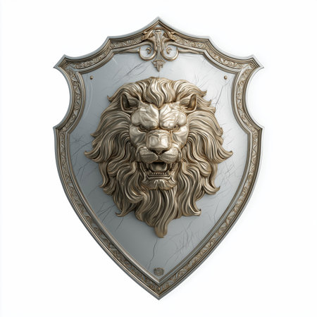 Medieval shield with ornate lion head crest in gold relief and antique silver finish, isolated on white background for heraldic historical concept art.の素材