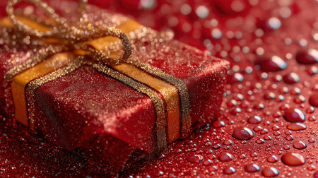 Glittering red Christmas gift box with gold ribbon on sparkling festive background with holographic glitter.の素材