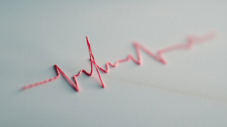 Creative red wire wave shaped as irregular ECG line waveform representing heartbeat and cardiac arrhythmia.の素材