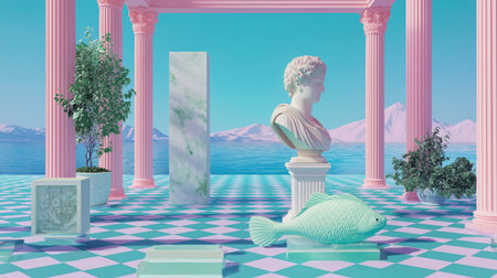 Vaporwave surreal scene with classical statues, white columns, blue and pink checkered floor, water reflections, and goldfish under pastel sky.の素材