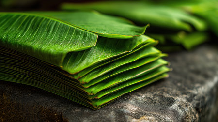 Close-up of fresh banana leaves neatly stacked for use in traditional Indian meal plating and festive serving.の素材
