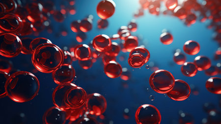A detailed 3D microscopic view of red cells and plasma with dynamic depth of field highlighting blood circulation and cellular structure.の素材