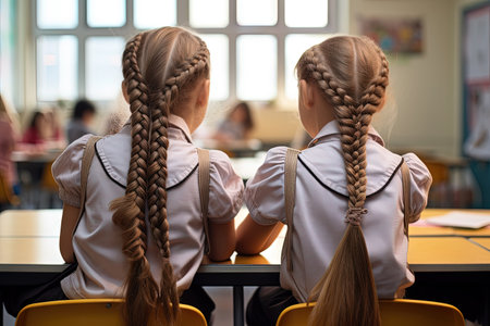 Two schoolgirls with long braided hair sitting together at classroom desk, rear view. Back to school concept.の素材