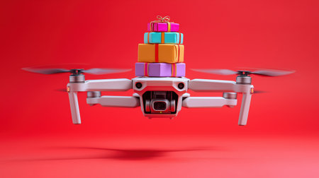 White drone carrying stack of colorful wrapped gift boxes flying in air on bright red background.の素材