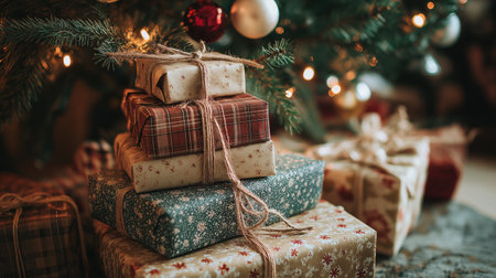 Stack of colorful patterned Christmas gifts with rustic jute bows in warm festive room with tree and ornaments.の素材