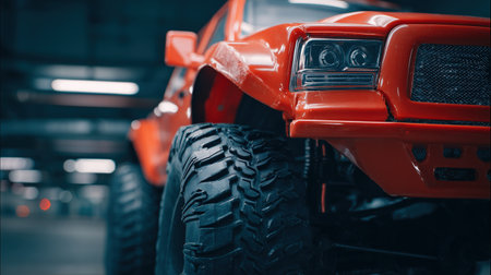 Close-up of a bright red monster truck with giant textured tires, shiny chrome detailing, prominent headlights, and lifted suspension, captured from a low urban angle with shallow depth of field.の素材