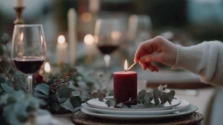 A close up of hands lighting a warm beeswax candle on a festive dinner table with eucalyptus, knitted sweater and glass of red wine.の素材