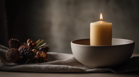 A cozy autumn still life with a single beeswax candle burning, ceramic bowl beside a pinecone and a plate of seasonal fruit on a rustic fabric surface.の素材
