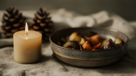 A cozy autumn still life with a single beeswax candle burning, ceramic bowl beside a pinecone and a plate of seasonal fruit on a rustic fabric surface.の素材