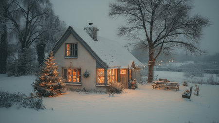 Snow-covered countryside cottage exterior with glowing warm windows and lanterns shining at dusk, decorated tree and rustic garden covered in fresh winter snow.の素材