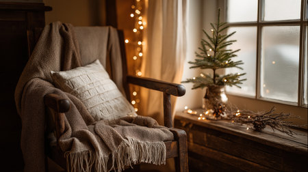 Cozy armchair with chunky knit blanket and festive Christmas tree by sunlit window in rustic decorated living room.の素材