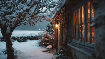 Snow-covered countryside cottage exterior with glowing warm windows and lanterns shining at dusk, decorated tree and rustic garden covered in fresh winter snow.の素材