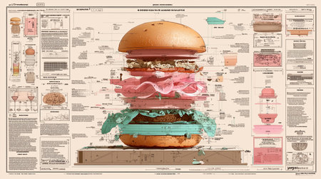 Technical scheme of a deconstructed gourmet hamburger showing layers of bun, lettuce, cheese, beef patty, onions, tomato, and bacon with blueprint annotations and intricate diagram elements.の素材