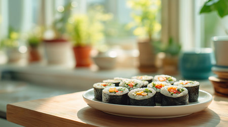 Fresh kimbap rolls with colorful vegetables on white rectangular plate in bright minimalist kitchen with natural sunlight.の素材