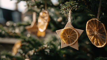 Wooden star ornament and dried orange slice hanging on Christmas tree branch in natural rustic festive decor.の素材