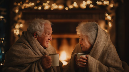 An elderly couple sits together wrapped in blankets and drinking hot beverages by a warm fireplace with festive lights in a cozy room.の素材