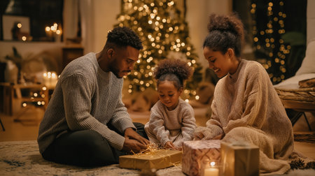 Family exchanging holiday gifts together at home near decorated Christmas tree during cozy winter morning.の素材