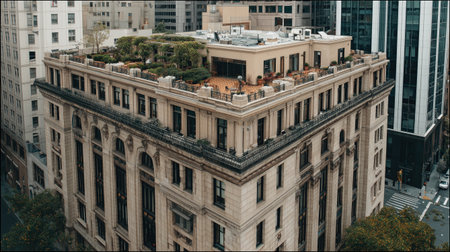 Cinematic view of classic downtown building architecture with textured details and urban street environment.の素材