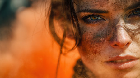 Close-up portrait of a fierce woman with tousled hair, dirt and sweat on her face, wearing tactical gear in front of blazing fire, intense emotion and survival spirit in a dramatic wild setting.の素材