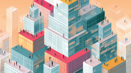 Isometric illustration of colorful high rise buildings with stacked rooftop terraces full of people in a busy modern city.の素材