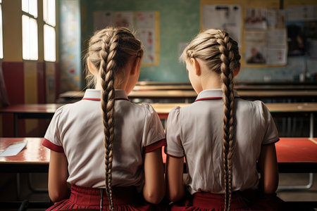 Two schoolgirls with long braided hair sitting together at classroom desk, rear view. Back to school concept.の素材