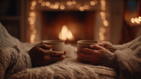 Elderly couple's wrinkled hands holding steaming cups wrapped in blankets sitting together by glowing fireplace with festive bokeh lights.の素材