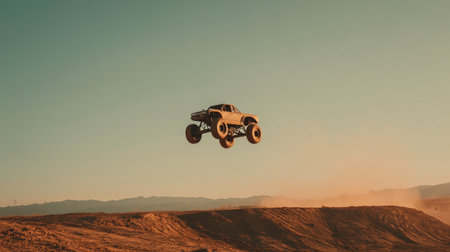 Monster truck mid-air jump over dirt mound at dusty sunset, with massive tires, flying dust, dramatic sky, and wide open off-road scene.の素材