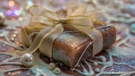 Close up of small wrapped Christmas gift box in glossy chocolate paper with glitter ribbon and gingerbread cookie on sparkling festive background.の素材