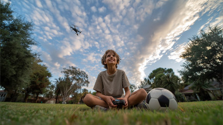 Young boy sitting cross-legged on grass at sunset controlling a flying drone with remote, with a soccer ball nearby.の素材