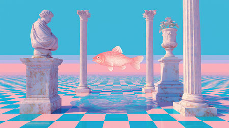 Vaporwave surreal scene with classical statues, white columns, blue and pink checkered floor, water reflections, and goldfish under pastel sky.の素材