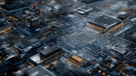 High-tech digital background featuring a detailed circuit board with blue conductive lines, microchips, and intricate electronic components in a futuristic technology setting.の素材