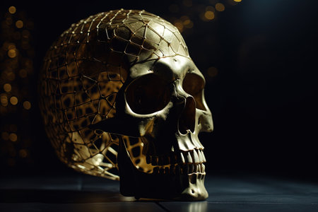 Artistic golden metallic skull with geometric mesh grid design in dramatic moody lighting for science fiction, technology, and abstract art concepts.の素材