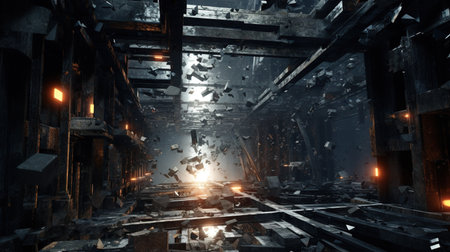 Dark industrial sci-fi interior. Corridor with metallic debris and fragments floating in the air, creating a dramatic sense of destruction and energy.の素材