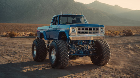Massive blue monster truck on a dusty dirt track with oversized tires, lifted suspension, chrome accents, and mountains in the background.の素材