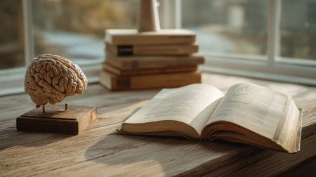 Anatomical brain model and open book placed on wooden desk, in bright study room with indoor plant.の素材