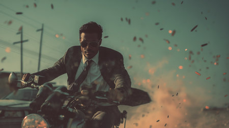 Action hero in suit racing on motorcycle through bullet storm in open daylight, intense cinematic angle chase.の素材