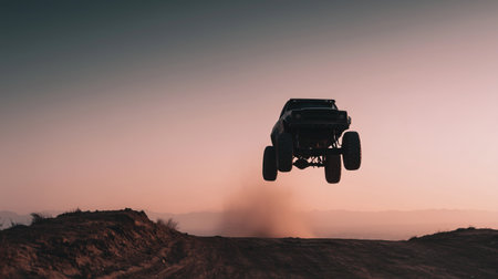 Monster truck mid-air jump over dirt mound at dusty sunset, with massive tires, flying dust, dramatic sky, and wide open off-road scene.の素材