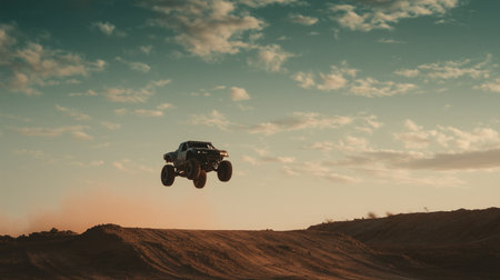 Monster truck mid-air jump over dirt mound at dusty sunset, with massive tires, flying dust, dramatic sky, and wide open off-road scene.の素材