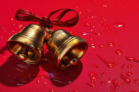 Festive greeting card with two golden glitter Christmas bells with red ribbon bow and scattered sparkles.の素材