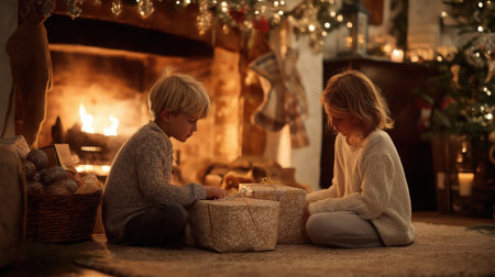 Cozy family living room decorated for Christmas with children unwrapping gifts by a glowing tree and fireplace, surrounded by stockings, presents, warm lights, and festive holiday decor.の素材