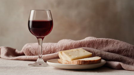 A single glass of red wine and slices of rustic bread on a porcelain plate with soft pink background and natural daylight.の素材