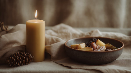 A cozy autumn still life with a single beeswax candle burning, ceramic bowl beside a pinecone and a plate of seasonal fruit on a rustic fabric surface.の素材