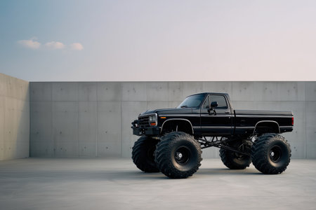 Shiny black monster truck on a flat concrete surface with massive tires, reflective bodywork, lifted chassis, chrome accents, and minimal industrial background.の素材