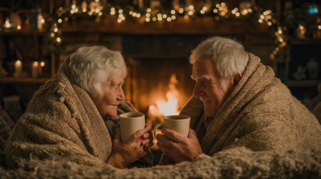 An elderly couple sits together wrapped in blankets and drinking hot beverages by a warm fireplace with festive lights in a cozy room.の素材