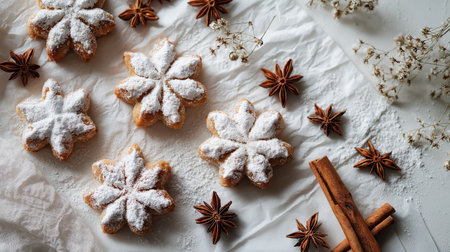 A minimalist flat lay of Christmas cookies coated with powdered sugar, cinnamon stick and star anise on parchment paper.の素材