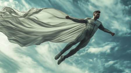 Powerful male superhero soaring through dramatic cloudy sky, with flowing cape in cinematic action poseの素材