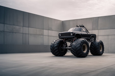 Shiny black monster truck on a flat concrete surface with massive tires, reflective bodywork, lifted chassis, chrome accents, and minimal industrial background.の素材