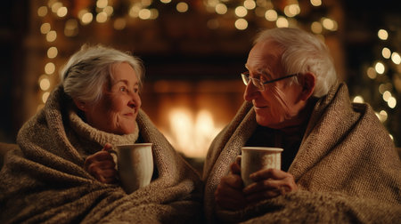 An elderly couple sits together wrapped in blankets and drinking hot beverages by a warm fireplace with festive lights in a cozy room.の素材
