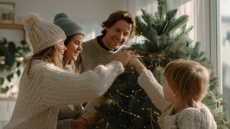 A cheerful family with children wears cozy knit sweaters, decorating a Christmas tree. Holiday lights and festive ornaments in a bright, modern living room.の素材